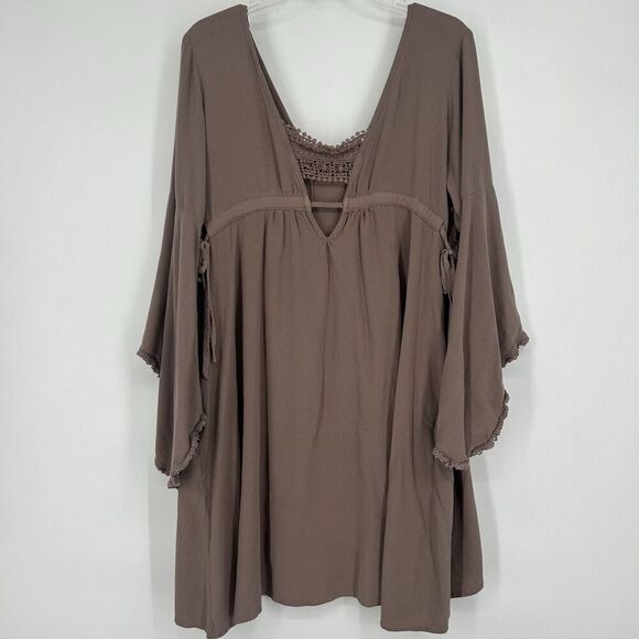 Earthbound Trading Co Boho Mini Dress Brown Crochet Long Bell Sleeves Size XL - Picture 5 of 8